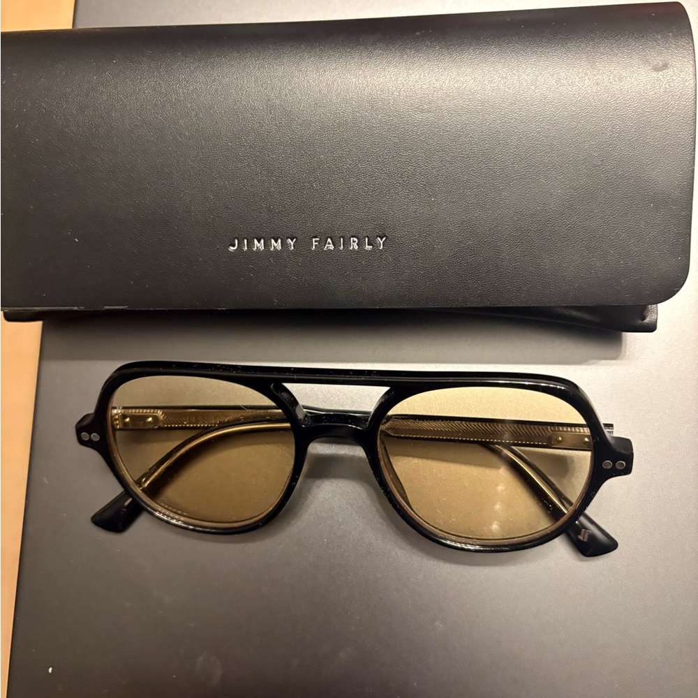 Jimmy Fairly Black Sunglasses with Case. Yellow lenses